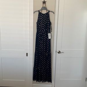 Betsy Adam chiffon navy & copper floor length halter neckline gown size 8.